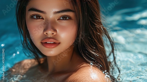 Close-up of a woman's face with wet hair, looking up with a slight smile, in the water.