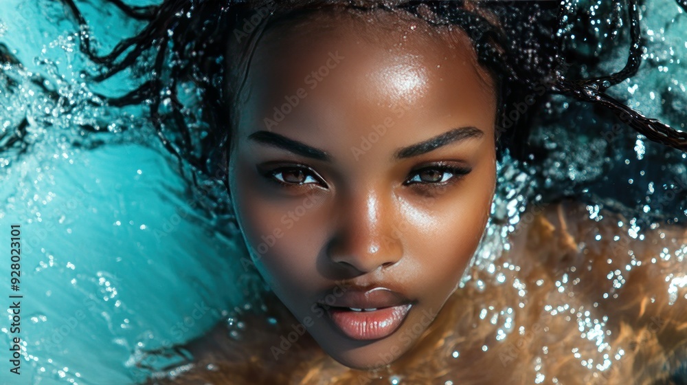 Close-up portrait of a young woman with dark skin submerged in water, looking directly at the camera with her hair in braids. Close-up portrait of a young woman with dark skin submerged in water, looking directly at the camera with her hair in braids.