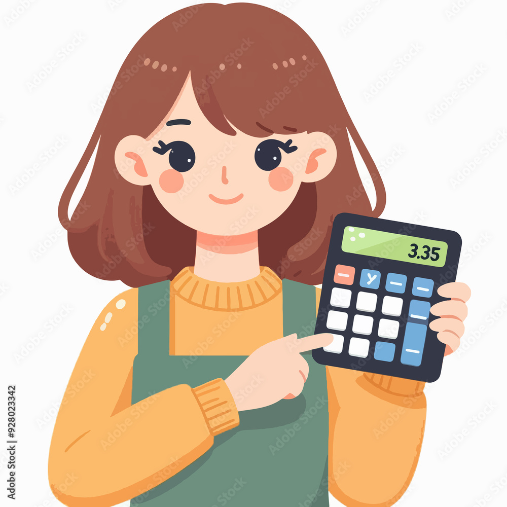 A woman is holding a calculator and pointing to the number 335 A woman is holding a calculator and pointing to the number 335