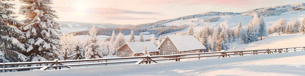 Fototapeta premium Winter panorama of a snowy village. Houses in a winter forest with a view of the mountains.