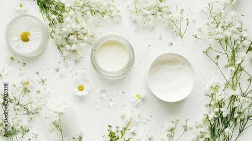 Natural Skincare Products with Fresh Flowers on White Background - Beauty and Wellness Concept