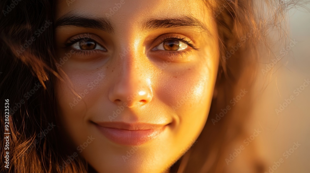 Close-Up Portrait of a Smiling Woman with Sunlit Face and Brown Eyes at Golden Hour Close-Up Portrait of a Smiling Woman with Sunlit Face and Brown Eyes at Golden Hour