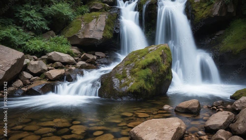 A cascading waterfall plunges through moss-covered rocks in a lush forest A cascading waterfall plunges through moss-covered rocks in a lush forest