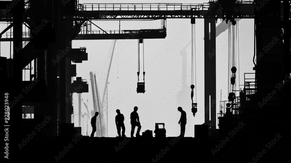 Obraz premium Silhouettes of Workers at a Port