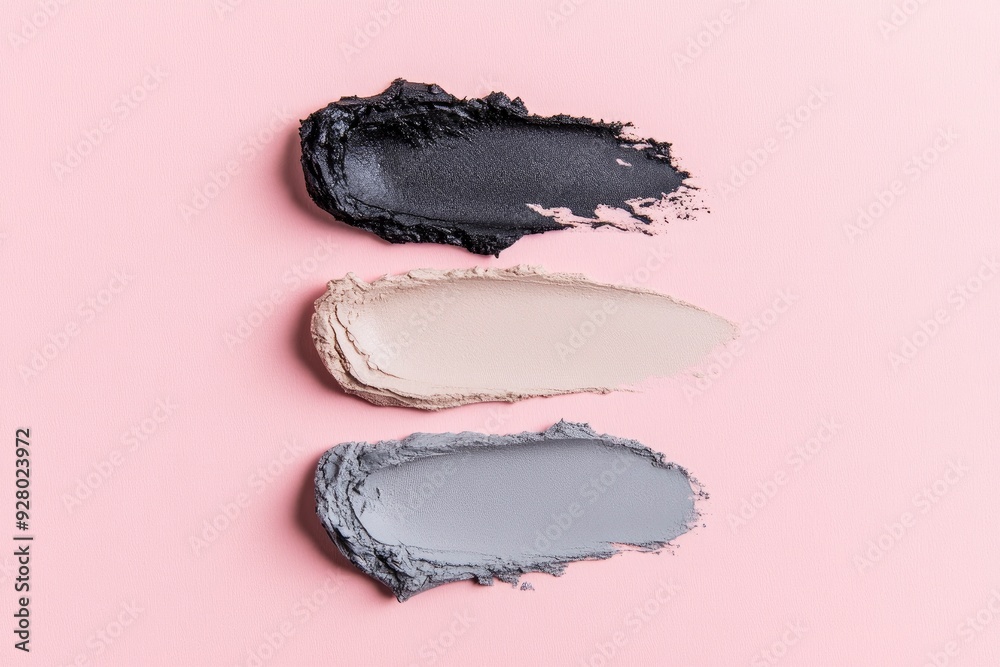 Three swatch smears of light and dark color cosmetic loose powder for makeup . Top view. a pastel background. Layout for design with generative ai Three swatch smears of light and dark color cosmetic loose powder for makeup . Top view. a pastel background. Layout for design with generative ai