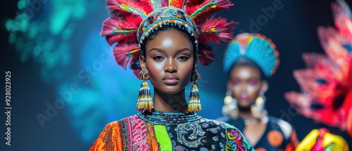 Vibrant Fashion Model in Traditional African Attire with Colorful Headdress on Runway photo