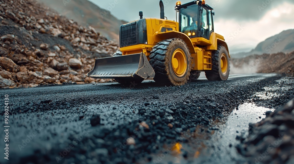 Road construction equipment is working on a section of road, creating noise and dust. Workers coordinate the process. Road construction equipment is working on a section of road, creating noise and dust. Workers coordinate the process.