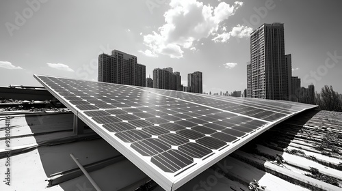 Solar panels on a rooftop in an urban environment.