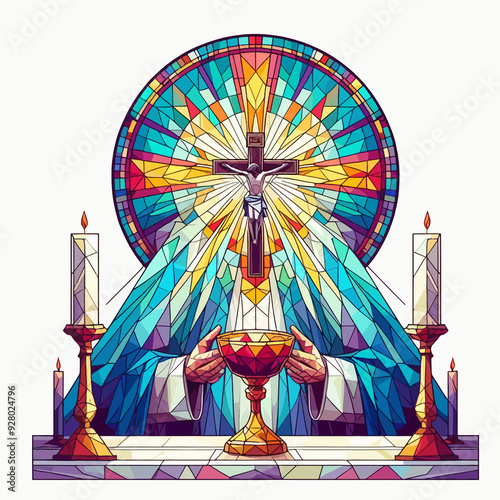 A stained glass window of a cross with a man holding a cup and a candle