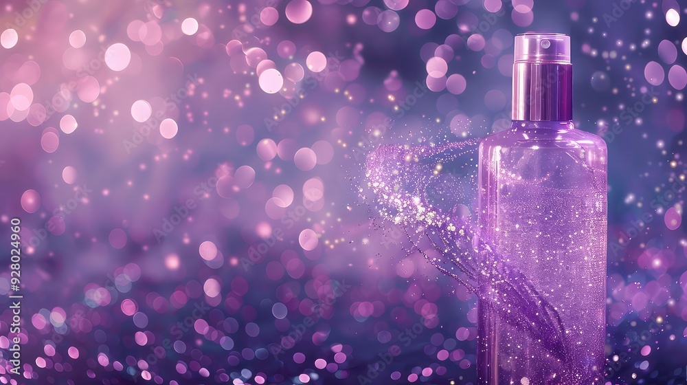 A purple bottle of perfume with a spray nozzle on a purple bokeh background. A purple bottle of perfume with a spray nozzle on a purple bokeh background.