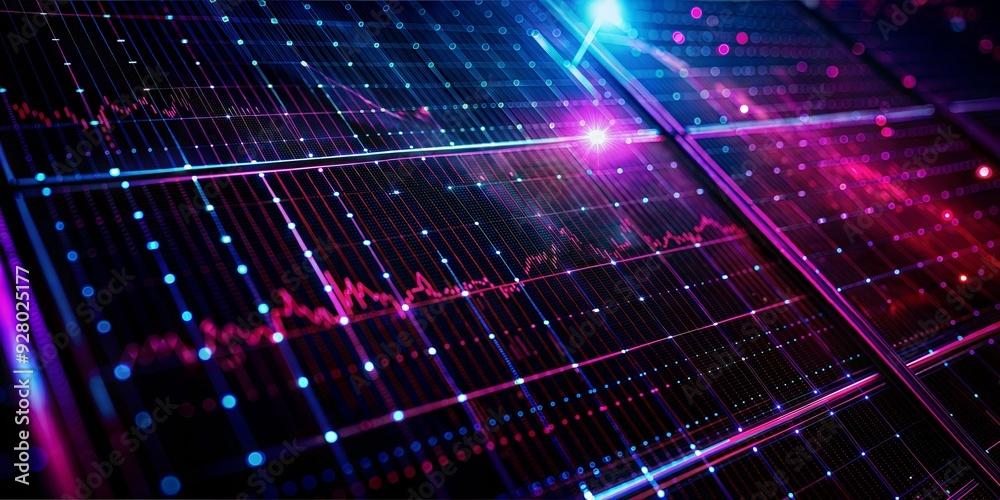 Macro shot of a solar panel texture with financial graphs showing renewable energy market trends