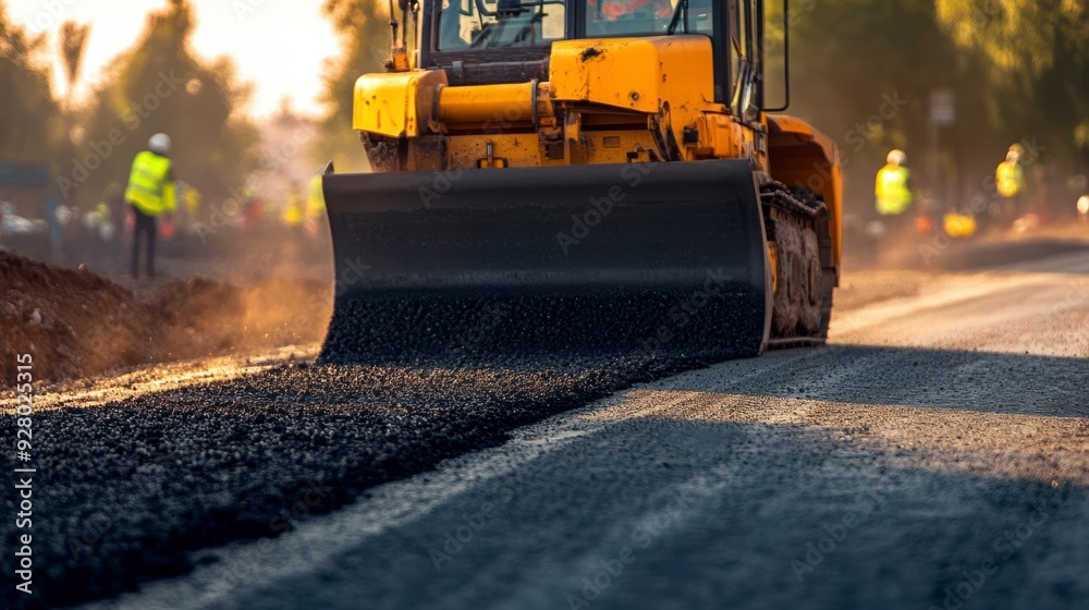 Road construction equipment is working on a section of road, creating noise and dust. Workers coordinate the process. Road construction equipment is working on a section of road, creating noise and dust. Workers coordinate the process.