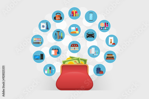 Wallet and purchases, concept of money saving and spending