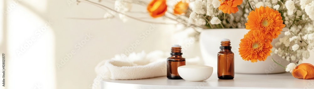 Aromatherapy Essentials with Orange Flowers and Towels on a White Table in a Bright Room Aromatherapy Essentials with Orange Flowers and Towels on a White Table in a Bright Room
