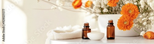 Aromatherapy Essentials with Orange Flowers and Towels on a White Table in a Bright Room