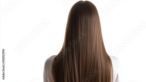 Woman with Long Straight Brown Hair, Back View, Isolated on White Background