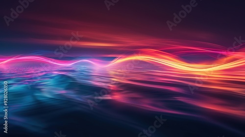 Abstract digital background with neon light trails and textured surface.