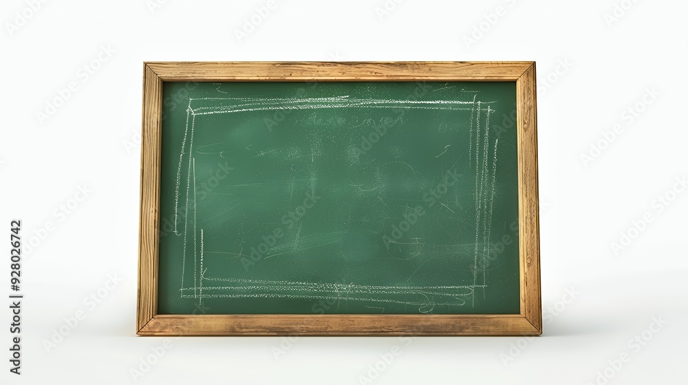 A blank green chalkboard with a wooden frame and erased chalk markings on the surface.
