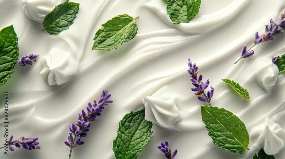 Close-up of white cream with lavender and mint leaves. Close-up of white cream with lavender and mint leaves.