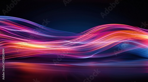 Abstract flowing waves of pink, orange, and blue light on a dark background.