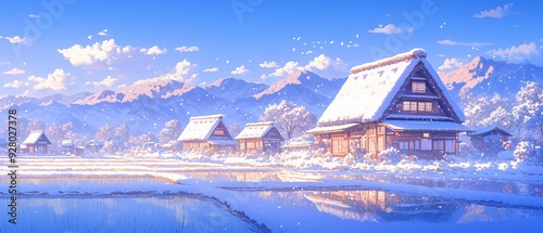 Serene Anime Winter Scene Traditional House in Snowy Countryside with Frosty Mountain View