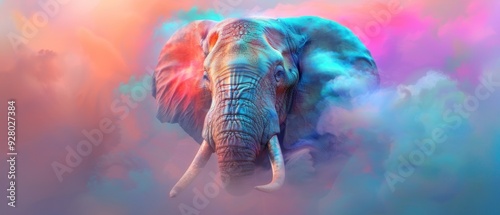 Colorful Elephant Majesty, a vibrant and surreal portrayal of an elephant emerging from a dreamlike haze of pastel colors, symbolizing grace and strength in nature. photo