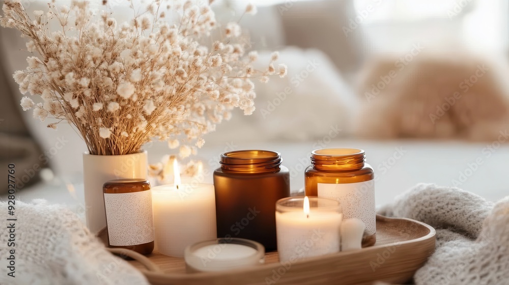 Cozy Home Decor with Candles and Dried Flowers on Wooden Tray in Warm Living Room Setting Cozy Home Decor with Candles and Dried Flowers on Wooden Tray in Warm Living Room Setting