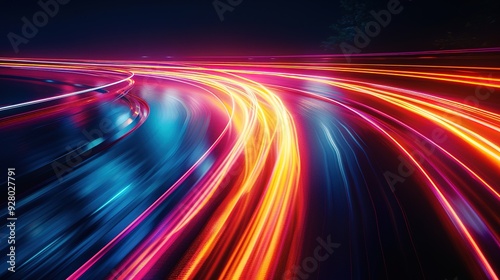 Abstract glowing lines create a dynamic, colorful light trail.