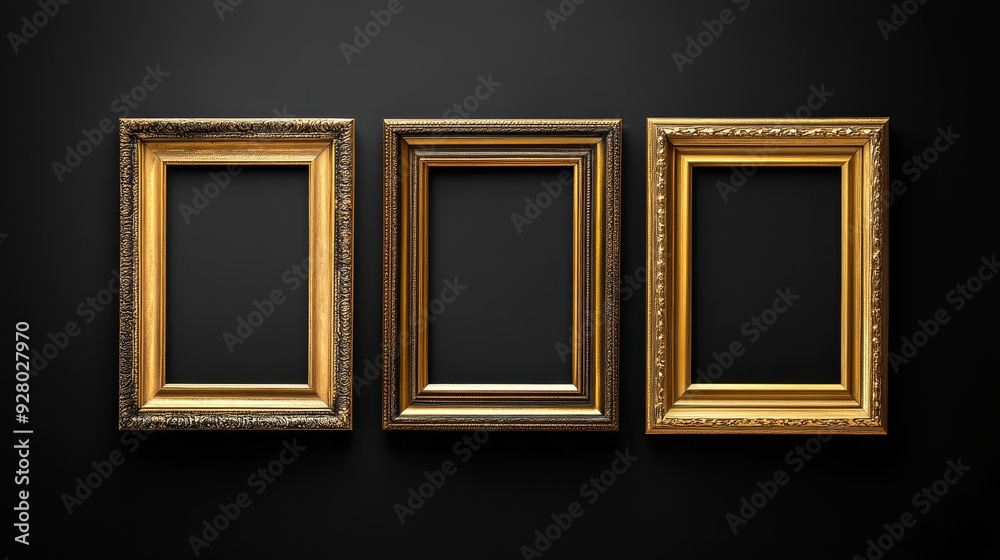 Three gold picture frames on black background