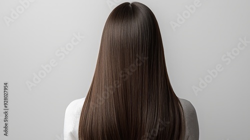 Woman with Long Straight Brown Hair, Back View, Isolated on White Background