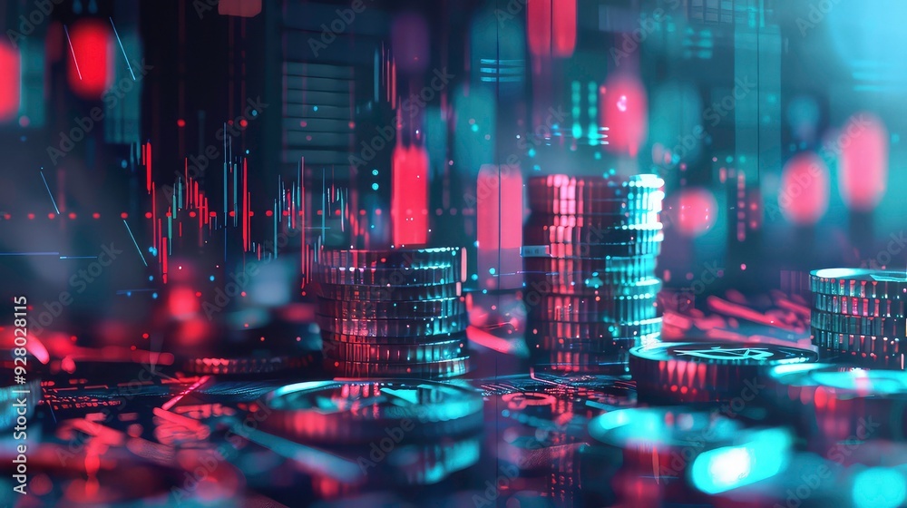 Stacks of silver coins with a digital cityscape and chart in the background. Stacks of silver coins with a digital cityscape and chart in the background.