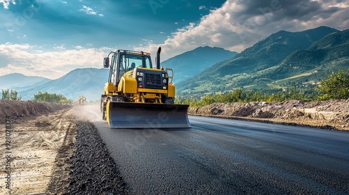 Road construction equipment is working on a section of road, creating noise and dust. Workers coordinate the process.