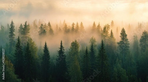 Panoramic view of pine forest with morning mist.