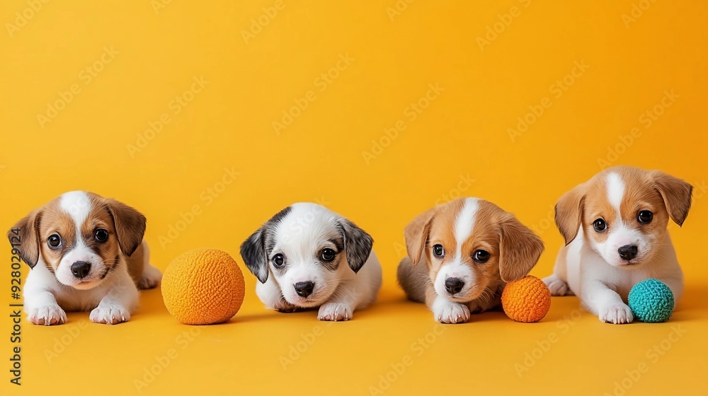Cute and playful shots of puppies lying down playing with toys, yellow background, studio lighting, international dog day Cute and playful shots of puppies lying down playing with toys, yellow background, studio lighting, international dog day