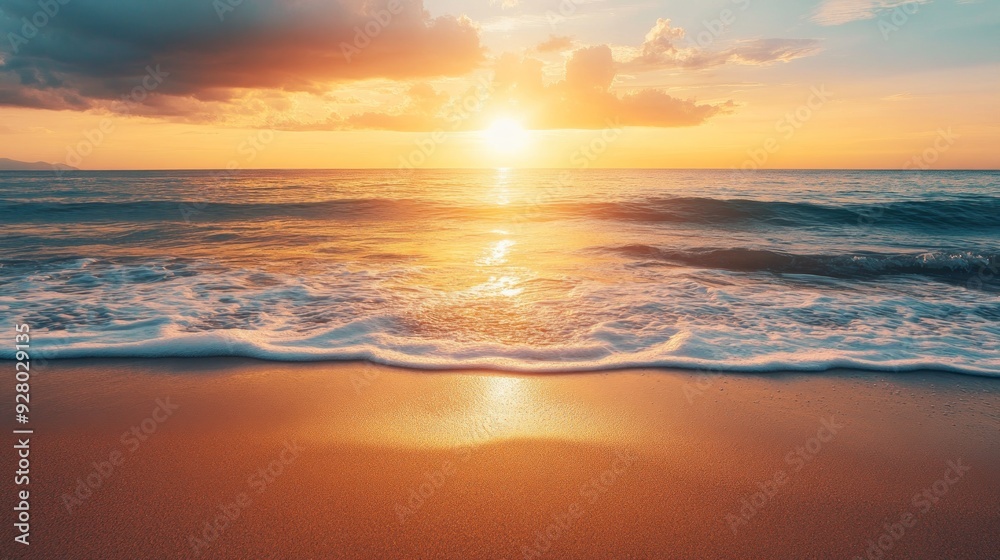 Beautiful beach view with orange and golden sky at summer sunset. Beautiful beach view with orange and golden sky at summer sunset.