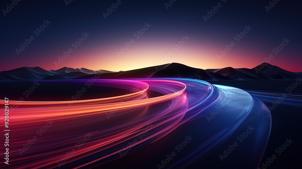 Naklejka premium Abstract glowing lines over dark mountain range at sunset.