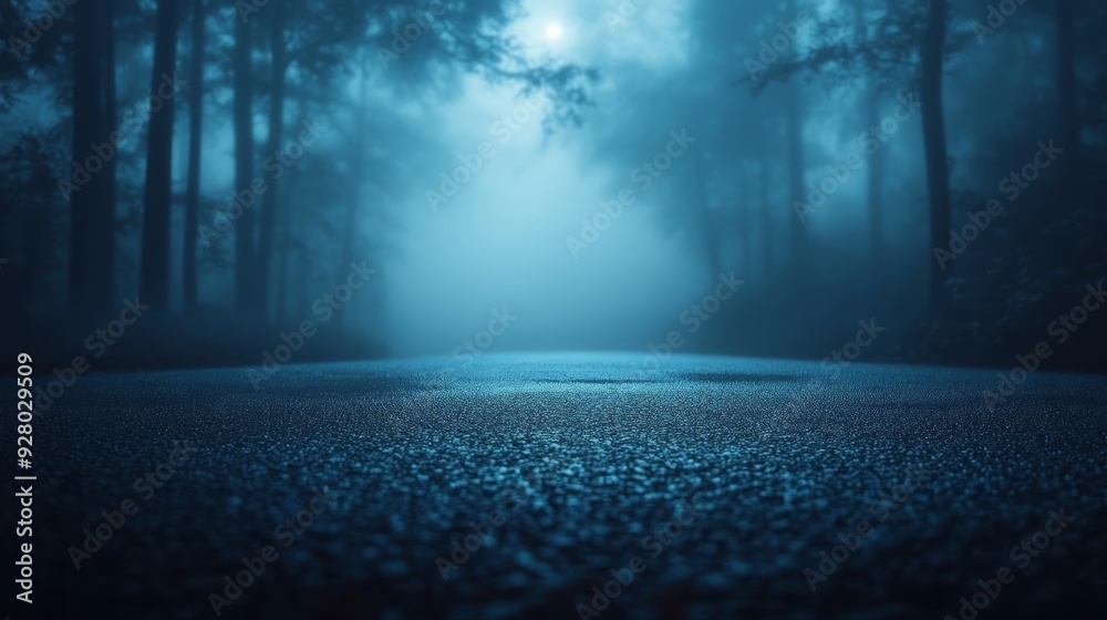 Fototapeta premium Fog In Spooky Forest At Moon Light On Asphalt - Abstract Bokeh
