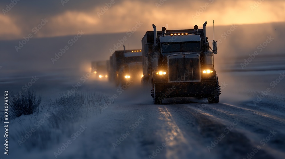 Fototapeta premium two large trucks driving down snowy road production transformers overcast dusk inspiring machinery blues terminals