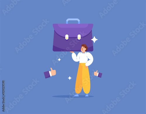 concept of job recommendation and appreciation. a worker or employee is able to withstand heavy workload. illustration of a man holding a briefcase with a thumbs up symbol. flat style design. elements