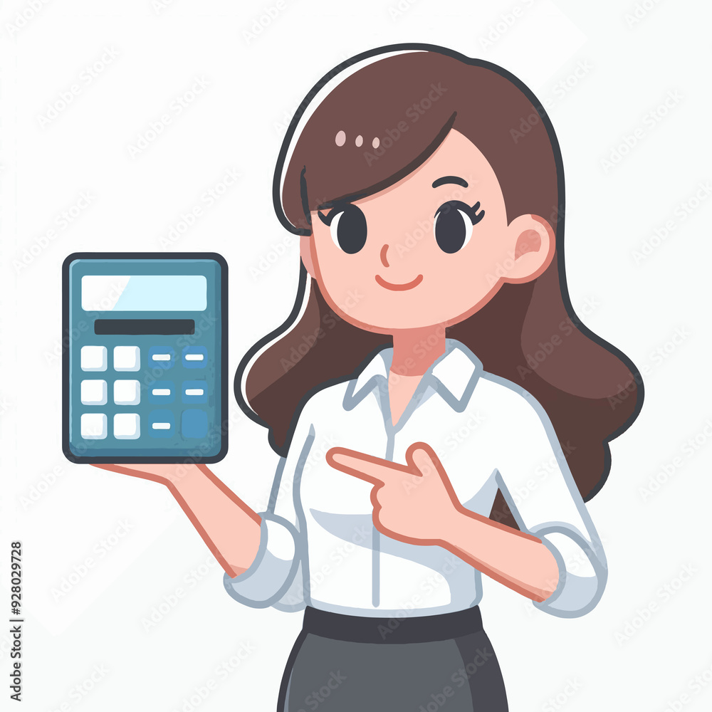 A woman is holding a calculator and pointing to it A woman is holding a calculator and pointing to it