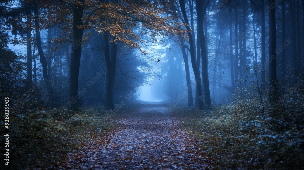 Mysterious forest with a moonlit path fog and a Halloween backdrop hint Mysterious forest with a moonlit path fog and a Halloween backdrop hint