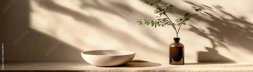 Minimalist Still Life with Ceramic Bowl and Glass Bottle Vase on Wooden Shelf in Natural Sunlight Minimalist Still Life with Ceramic Bowl and Glass Bottle Vase on Wooden Shelf in Natural Sunlight