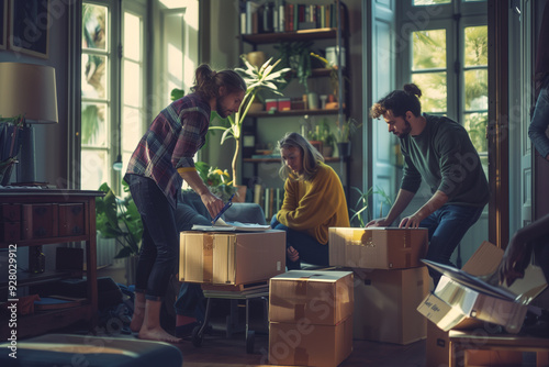 Group of Young Adults moving into new apartments, carrying boxes and arranging furniture. Moving process enjoyable and efficient. 