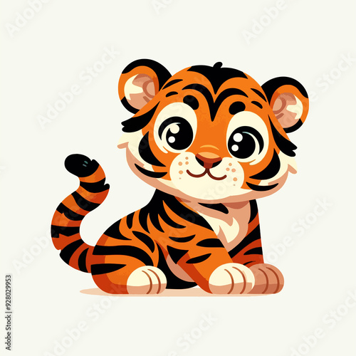 A cute little tiger cub is sitting on its back legs and looking at the camera