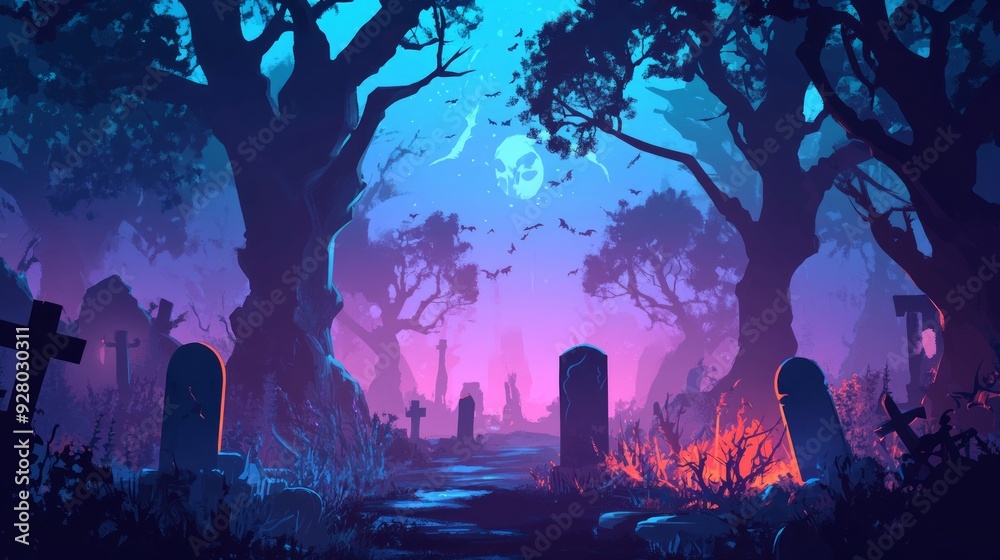 Graveyard in spooky death Forest At Halloween Night. Graveyard in spooky death Forest At Halloween Night.