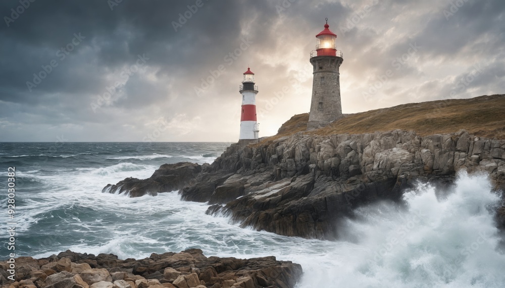 Two lighthouses stand strong against a stormy sea Two lighthouses stand strong against a stormy sea