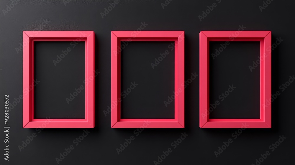 Three pink picture frames on black background Three pink picture frames on black background