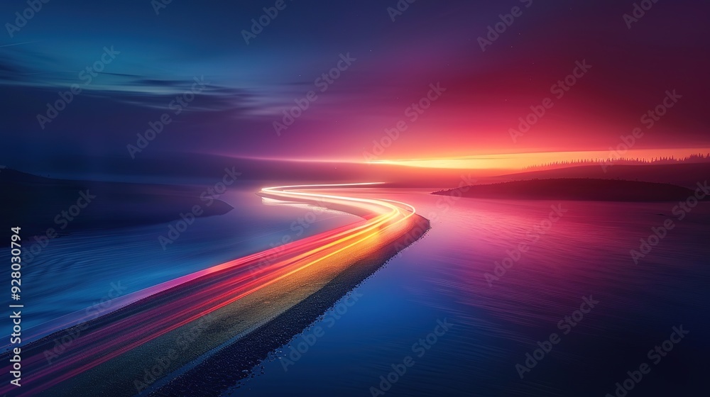 Abstract image of a winding road with light trails at dusk. Abstract image of a winding road with light trails at dusk.