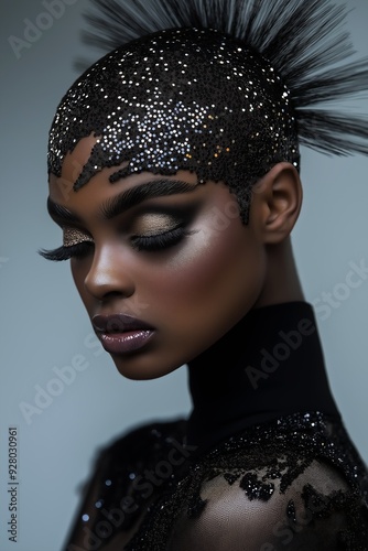 closeup woman black hair top avant garde fashion model sequins models feathers instead scene dune entertainment wearing winged helmet beauty campaign braids clear bronze face welsh