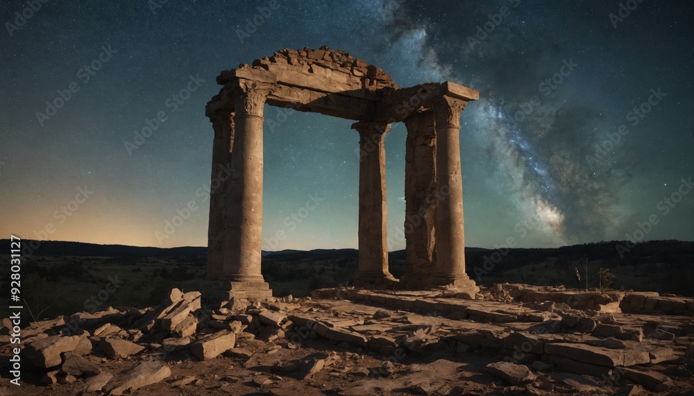 Fototapeta premium A lonely figure gazes at the milky way through the ruins of an ancient archway